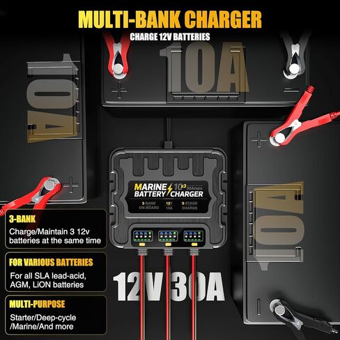 شاحن بطاريات 3 Bank Marine، 12V 30A (10A/Bank) شاحن بطارية ذكي مقاوم للماء على متن القارب، جهاز صيانة البطارية وإزالة الكبريت لبطاريات SLA/AGM/الليثيوم (LiFePO4)، والكالسيوم والدورة العميقة in Kuwait
