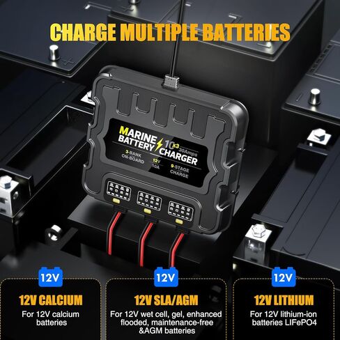 شاحن بطاريات 3 Bank Marine، 12V 30A (10A/Bank) شاحن بطارية ذكي مقاوم للماء على متن القارب، جهاز صيانة البطارية وإزالة الكبريت لبطاريات SLA/AGM/الليثيوم (LiFePO4)، والكالسيوم والدورة العميقة in Kuwait