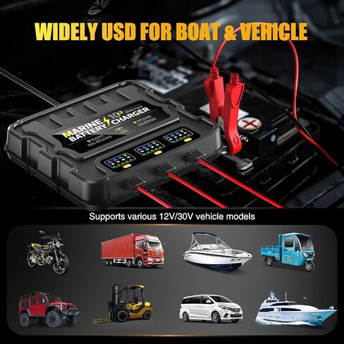 شاحن بطاريات 3 Bank Marine، 12V 30A (10A/Bank) شاحن بطارية ذكي مقاوم للماء على متن القارب، جهاز صيانة البطارية وإزالة الكبريت لبطاريات SLA/AGM/الليثيوم (LiFePO4)، والكالسيوم والدورة العميقة in Kuwait