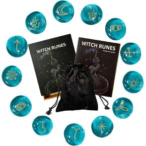 Runes, 13 Pcs Runes Set, Glass Runes for Beginners, Divination, Pagan, Green Rune Stones Set with Runes Book, Velvet Drawstring Bag
