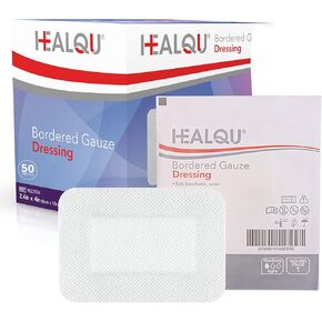 HEALQU Bordered Gauze Island Dressing - 50 Count, 2.4"x4" Sterile Individually Wrapped Gauze Pads with Water-Resistant, Non-Woven Backing - Soft and Breathable Wound Dressing for First Aid & Medical