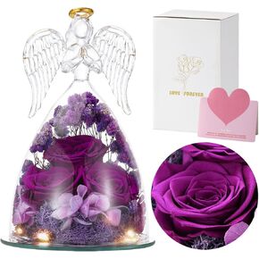Preserved Real Rose in Glass Angel Figurines, Eternal Rose Flower with LED Lights, Purple Rose Gift for Women Mom Wife Her Grandma Anniversary Valentine Mother's Day, Purple