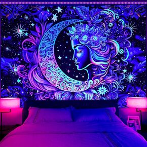 AtawLege Blacklight Tapestry UV Reactive Tapestries Moon Mandala Tapestry Bohemian Tapestries Mysterious Aesthetic Tapestry Boho Tapestry Wall Hanging for Bedroom (51.2 x 59.1 inches)