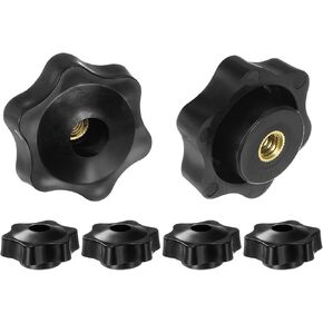 6pcs Star Knobs 1/4-20 Female Thread 1.5" (38mm) 6-Point Plastic Head Brass Insert Through Hole Screw-in Threaded Hand Knob Clamping Handle, Black