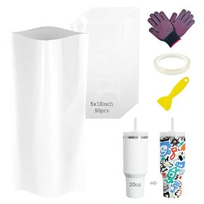 Daily Treasures 5×10"Sublimation Shrink Wrap Sleeve Set(50pcs),Heat Shrink Wrap with PET Tape&Scraper&Heat Resistant Gloves,Heat Shrink Film,Sublimation Wraps For 20oz Tumblers Mugs Cups Jars Cosmetic