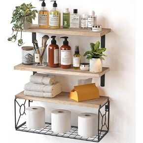 Amada Bathroom Shelves Over Toilet with Storage Basket, Floating Shelves Wall Shelves for Home Organization & Wall Decor, Bathroom/Kitchen/Living Room Shelves–White