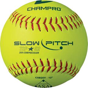 Champro ASA 12"" Slow Pitch Softball - Leather Cover .52 COR, Optic Yellow (CSB20Y)