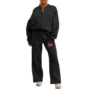 Aleumdr Women's 2 Piece Outfits Oversized Fleece Sweatsuit Zip Up Long Sleeve Sweatshirt with Wide Leg Sweatpants