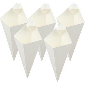 mollensiuer 50Pcs Disposable French Fries Holder Cardboard Food Cones Kraft Paper French Fries Cones Finger Food Cones with Built-in Dipping Pocket Party Food Cones Party Baking Supplies, White