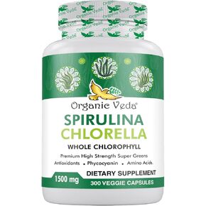 Organic Veda Spirulina & Chlorella Capsules, 1500mg 300 Count - Chlorophyll Capsules with Super Green Antioxidants, Phycocyanin, Amino Acid - Boost Immunity, Energy, Support Digestion - Vegan, Non-GMO