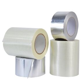 MAT Hexayurt Tape Bundle for Burning Man Rave Camping Tents, 2 Rolls of 6 inch Bi Filament Strapping Tape 60 yds + 2 Rolls of 4 inch Aluminum Foil Tape 50 yds. Strong Adhesion Tear Resistance