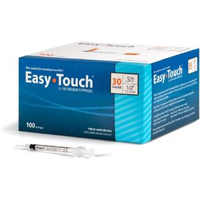 EasyTouch U-100 Insulin Syringe with Needle, 30G 0.5cc 1/2-Inch (12.7mm), Box of 100