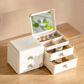 Drawer style jewelry storage box with mirror on top, Storing hair clips, Earrings, Bracelets, Lipstick, and makeup cotton (Triple Layer), SD2505
