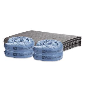 PIG Home Solutions Liquid Absorbing Cleanup Kit - (4) 3" x 48" Absorbent Socks and (25) 15" x 19" Absorbent Pads – Blue and Gray – PM50089