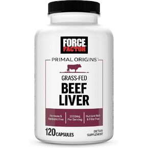 FORCE FACTOR Primal Origins Beef Liver Capsules Made with Grass Fed Beef, Beef Organ Supplement, Pasture-Raised, Hormone & Antibiotic Free, Non-GMO, 120 Capsules