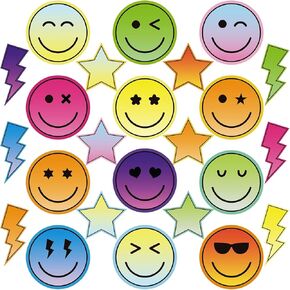 Janlaugh 48 Pcs Bulletin Board Cutouts Bright Smile Face Cutout with Glue Point Happy Face Preppy Smile Cutouts Assorted Stars Lightning Paper Cutouts for Teacher Student Back to School Party Supplies