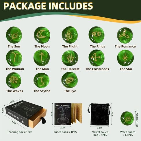 مجموعة رونية، 13 قطعة، رونية زجاجية للمبتدئين، العرافة، الوثنية، مجموعة أحجار رونية خضراء مع كتاب رونية، حقيبة مخملية برباط in Kuwait