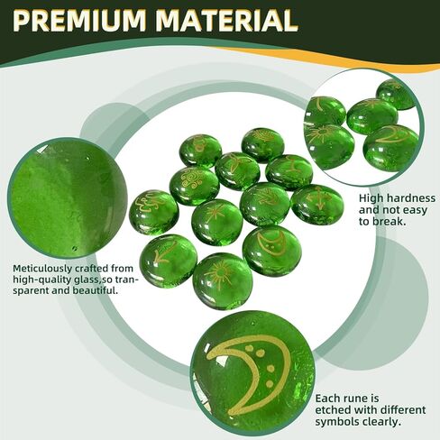 مجموعة رونية، 13 قطعة، رونية زجاجية للمبتدئين، العرافة، الوثنية، مجموعة أحجار رونية خضراء مع كتاب رونية، حقيبة مخملية برباط in Kuwait