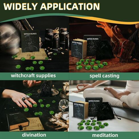 مجموعة رونية، 13 قطعة، رونية زجاجية للمبتدئين، العرافة، الوثنية، مجموعة أحجار رونية خضراء مع كتاب رونية، حقيبة مخملية برباط in Kuwait