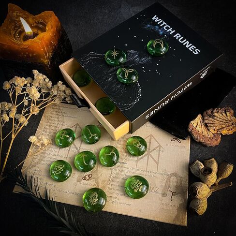 مجموعة رونية، 13 قطعة، رونية زجاجية للمبتدئين، العرافة، الوثنية، مجموعة أحجار رونية خضراء مع كتاب رونية، حقيبة مخملية برباط in Kuwait