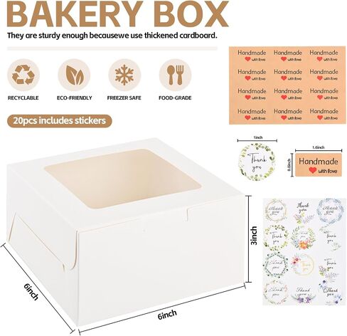 10pcs White Medium Bakery Boxes with Window, 6x6x3Inches, Provide an Attractive Packaging Solution for Mini Cake, Desserts, Small Treats, Cookies, Pastry and Individual Cupcakes. in Saudi Arabia