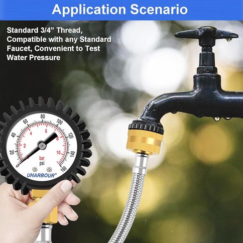 مقياس ضغط المياه، مقياس ضغط المياه للمنزل 2 بوصة، مقياس اختبار ضغط المياه مع خرطوم مضفر من الفولاذ المقاوم للصدأ، نطاق 200 رطل لكل بوصة مربعة، وصلة FNPT 3/4 بوصة in Kuwait