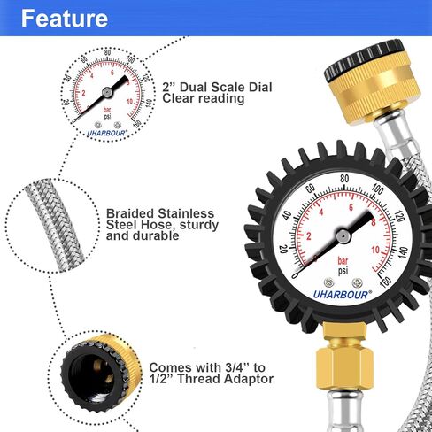 مقياس ضغط المياه، مقياس ضغط المياه للمنزل 2 بوصة، مقياس اختبار ضغط المياه مع خرطوم مضفر من الفولاذ المقاوم للصدأ، نطاق 200 رطل لكل بوصة مربعة، وصلة FNPT 3/4 بوصة in Kuwait