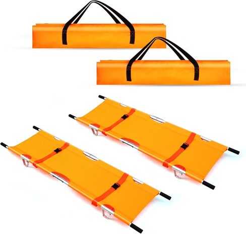 2 Pcs Folding Medical Emergency Stretcher, Portable Aluminum Alloy Ambulance Stretcher with Heavy-Duty Handles, Straps, and Carrying Case for Secure Patient Transport - Orange in Kuwait