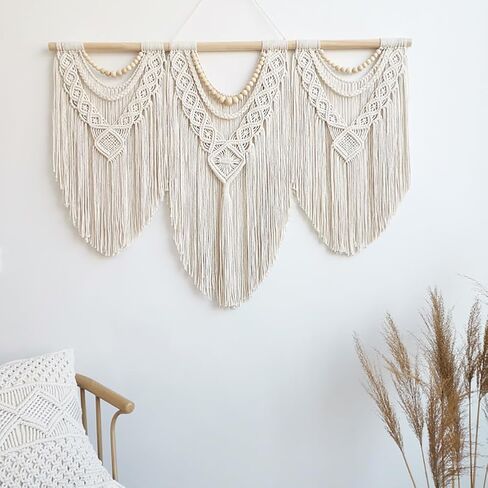 Achart Large Macrame Wall Hanging - Boho Tapestry Macrame Wall Decor Art- Chic Bohemian Handmade Woven Tapestry Home Decoration for Bedroom Living Room Wedding Party (Wood Bead) in Saudi Arabia