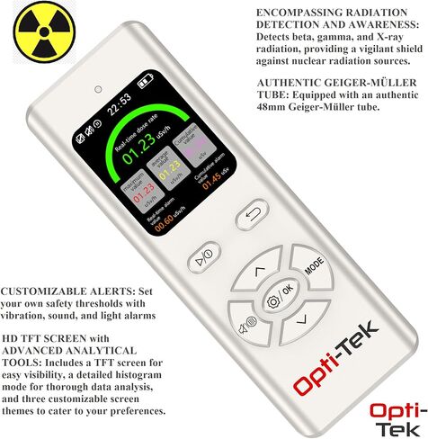 كاشف الإشعاع الأنبوبي Opti-Tek Geiger Müller | مقياس التأين النووي المحمول | مقاومة للماء، دقة من الدرجة العسكرية: نطاق من 0.08 ميكروسيفرت إلى 9999 ميكروسيفرت (عداد جيجر أبيض مقاوم للماء) in Kuwait