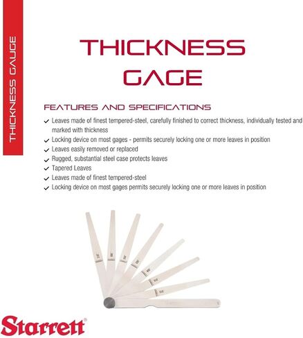 Starrett Tempered Steel Thickness Gage with Tapered Leaves, Locking Device, Rugged and Substanial Steel Case - 0.002" - 0.015" Range, 8 Leaves - 172CT in Saudi Arabia