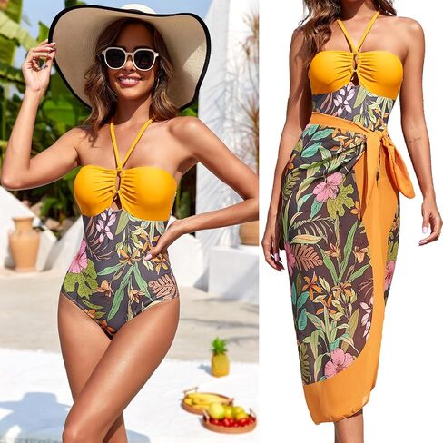 Women's One Piece Swimsuit with Cover Up Set Wrap Skirt Sleeveless Floral Beach Swimwear Sarong Bathing Suit in Saudi Arabia