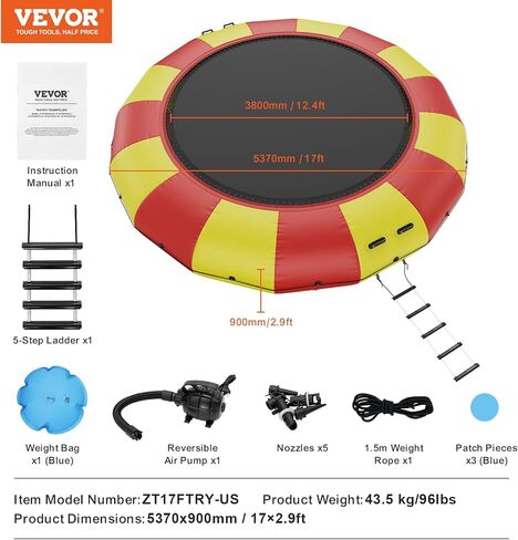 VEVOR Inflatable Water Bouncer, 17ft Recreational Water Trampoline, Portable Bounce Swim Platform with 5-Step Ladder & Electric Air Pump, Kids Adults Floating Rebounder for Pool, Lake, Water Sports in Saudi Arabia