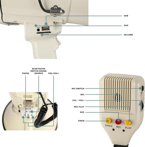 75w Megaphone Bullhorn, Loud speaker with AUX(3.5mm), USB and Bluetooth Input, Built-in Siren and Recording- Rechargeable Battery-for Outdoors, police (White) in Kuwait