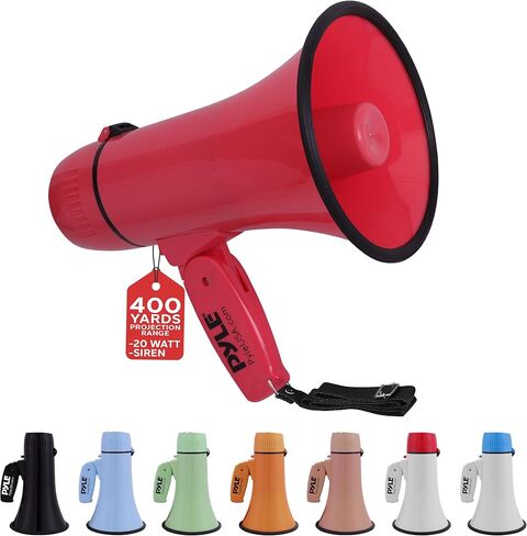 Pyle 20W Megaphone Bullhorn - Portable, Automatic Siren & Adjustable Volume,Projection Range Up to 400 Square Yards, Aux Input, Talk, Siren, Music, Whistle, & Record, Shoulder Strap (Red) in Saudi Arabia