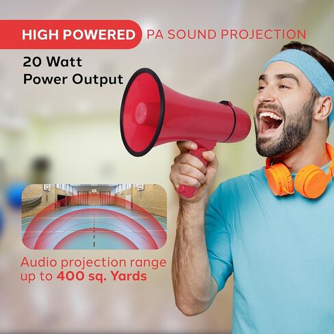 Pyle 20W Megaphone Bullhorn - Portable, Automatic Siren & Adjustable Volume,Projection Range Up to 400 Square Yards, Aux Input, Talk, Siren, Music, Whistle, & Record, Shoulder Strap (Red) in Saudi Arabia