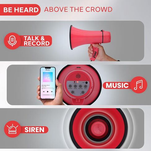 Pyle 20W Megaphone Bullhorn - Portable, Automatic Siren & Adjustable Volume,Projection Range Up to 400 Square Yards, Aux Input, Talk, Siren, Music, Whistle, & Record, Shoulder Strap (Red) in Saudi Arabia