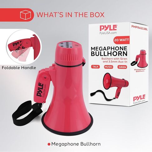 Pyle 20W Megaphone Bullhorn - Portable, Automatic Siren & Adjustable Volume,Projection Range Up to 400 Square Yards, Aux Input, Talk, Siren, Music, Whistle, & Record, Shoulder Strap (Red) in Saudi Arabia