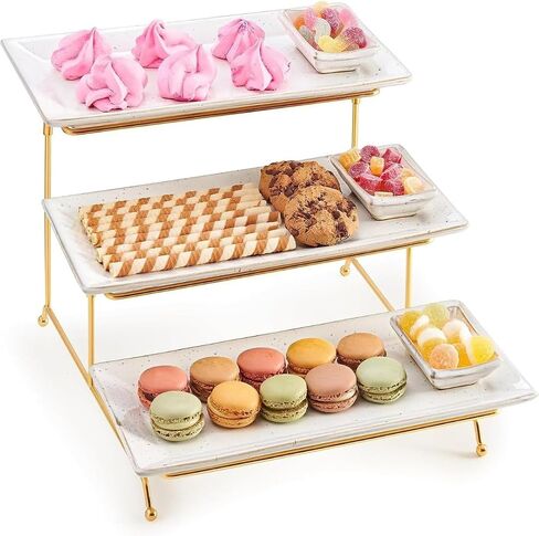 3 Tier Serving Tray Stand - Sturdy, Collapsible Gold Tiered Stand, Three Ceramic Serving Platters and Matching Dip Bowls for Stunning Displays in Saudi Arabia
