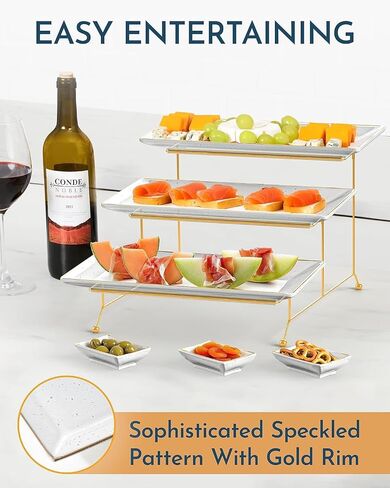 3 Tier Serving Tray Stand - Sturdy, Collapsible Gold Tiered Stand, Three Ceramic Serving Platters and Matching Dip Bowls for Stunning Displays in Saudi Arabia