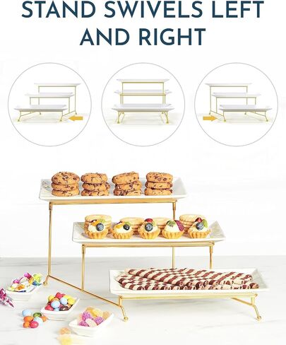 3 Tier Serving Tray Stand - Sturdy, Collapsible Gold Tiered Stand, Three Ceramic Serving Platters and Matching Dip Bowls for Stunning Displays in Saudi Arabia