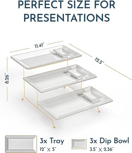 3 Tier Serving Tray Stand - Sturdy, Collapsible Gold Tiered Stand, Three Ceramic Serving Platters and Matching Dip Bowls for Stunning Displays in Saudi Arabia