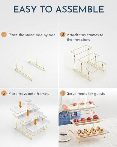 3 Tier Serving Tray Stand - Sturdy, Collapsible Gold Tiered Stand, Three Ceramic Serving Platters and Matching Dip Bowls for Stunning Displays in Saudi Arabia