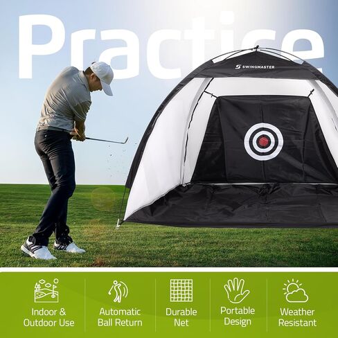 Swing Master Golf Net, Golf Practice Net and Mat for Backyard Driving, 10x7ft Golf Hitting Net with Golf Alignment Sticks, Quick Setup Indoor/Outdoor Chipping Net/Swing Golf Nets, Golf Accessories in Saudi Arabia