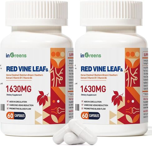 Red Vine Leaf Extract 1630mg with Horse Chestnut, Butcher’s Broom, Hawthorn Supplement for Varicose Veins, Leg, Circulation, Heart, Skin, Support for Heart Health, Made in USA, 60 Capsules in Saudi Arabia