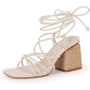 PiePieBuy Women's Lace Up Chunky Braided Heel Sandals Square Toe Strappy Ankle Strap Heels