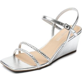 DREAM PAIRS Women Strappy Wedge Sandals Rhinestone Low Heel Sandals Square Open Toe Wedding Bridal Party Shoes for Evening Banquet Formal