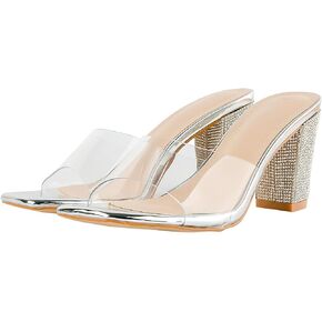 Women's Square Toe Rhinestone Heeled Sandals - Clear Chunky Slipper Mules Backless Slip on for Parties Weddings Nightclub