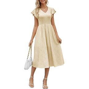Women's Elegant Summer V Neck Ruffle Sleeve Casual Dress A Line Swing Wedding Guest Cocktail Midi Dresses 721