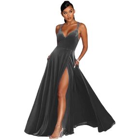 Taozhiqu Women's Velvet Prom Dresses Long with Pockets Spaghetti Straps V Neck Slit Evening Party Ball Gowns